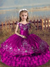 Off The Shoulder Sleeveless Little Girls Pageant Dress Floor Length Embroidery and Ruffled Layers Fuchsia Satin and Organza