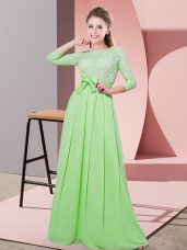 Chiffon Side Zipper Bridesmaid Dress 3 4 Length Sleeve Floor Length Lace and Belt