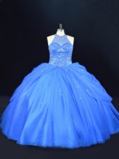 Blue Ball Gowns Beading Ball Gown Prom Dress Lace Up Tulle Sleeveless Floor Length