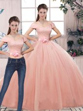 Deluxe Pink Short Sleeves Lace and Hand Made Flower Floor Length Sweet 16 Dresses