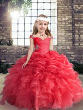 Floor Length Red Girls Pageant Dresses Straps Sleeveless Lace Up