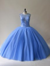 Eye-catching Baby Blue Scoop Neckline Beading Quince Ball Gowns Sleeveless Lace Up