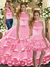 Fine Beading and Ruffled Layers Sweet 16 Dress Pink Backless Sleeveless Floor Length