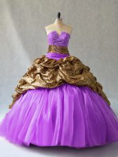 V-neck Sleeveless Organza and Printed Quinceanera Dresses Beading and Pick Ups Lace Up