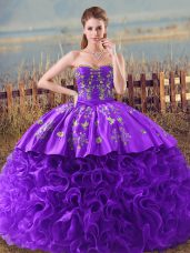 Dramatic Brush Train Ball Gowns 15th Birthday Dress Purple Sweetheart Fabric With Rolling Flowers Sleeveless Lace Up