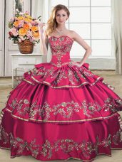 Shining Hot Pink Organza Lace Up 15th Birthday Dress Sleeveless Floor Length Embroidery and Ruffled Layers