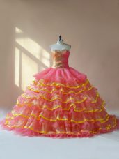 Spectacular Sleeveless Organza Lace Up Sweet 16 Quinceanera Dress in Pink with Beading and Ruching