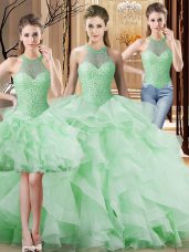 Customized Apple Green Quinceanera Dresses Sweet 16 and Quinceanera with Beading and Ruffles Halter Top Sleeveless Brush Train Lace Up