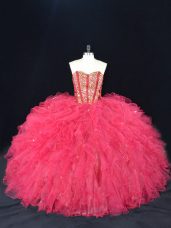 Charming Sweetheart Sleeveless Lace Up 15th Birthday Dress Coral Red Tulle