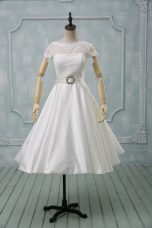 Great White Ball Gowns Scoop Short Sleeves Tulle Tea Length Clasp Handle Lace and Sashes ribbons Wedding Gown