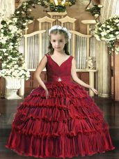Excellent Sleeveless Floor Length Backless Kids Pageant Dress in Red with Beading and Ruffled Layers