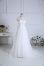 Luxurious White Scoop Lace Up Beading and Belt Wedding Gowns Brush Train Cap Sleeves
