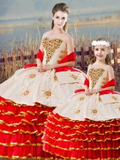 Floor Length Lace Up Quince Ball Gowns White And Red for Sweet 16 and Quinceanera with Beading and Ruffled Layers