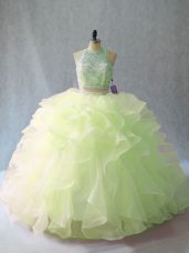 Best Selling Yellow Green Sweet 16 Quinceanera Dress Halter Top Sleeveless Brush Train Backless