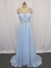 Blue Sleeveless Brush Train Beading and Ruching Prom Evening Gown