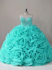 Chic Sweetheart Sleeveless Lace Up Quinceanera Dresses Aqua Blue Fabric With Rolling Flowers