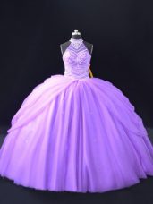 Pretty Lavender Quinceanera Dresses Sweet 16 and Quinceanera with Beading and Pick Ups Halter Top Sleeveless