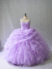 Lavender Lace Up Scoop Beading and Ruffles Sweet 16 Quinceanera Dress Organza Sleeveless Brush Train
