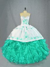 Hot Selling Floor Length Lace Up Quinceanera Gowns Turquoise for Sweet 16 and Quinceanera with Embroidery and Ruffles