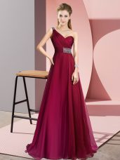 Sleeveless Chiffon Brush Train Criss Cross Prom Dresses in Burgundy with Beading