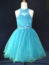 Latest Mini Length Aqua Blue Glitz Pageant Dress Halter Top Sleeveless Lace Up
