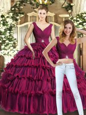 Burgundy Ball Gowns V-neck Sleeveless Organza Floor Length Backless Beading and Ruffled Layers Sweet 16 Dress