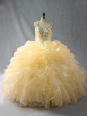 Flare Gold Zipper Quince Ball Gowns Beading and Ruffles Sleeveless Floor Length