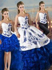 Vintage Blue And White Sleeveless Embroidery and Ruffles Quinceanera Gowns