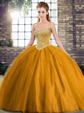 Modest Brown Quince Ball Gowns Tulle Brush Train Sleeveless Beading