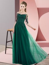 Suitable Dark Green Empire Bateau Half Sleeves Chiffon Floor Length Lace Up Beading and Lace Quinceanera Court Dresses