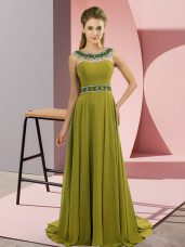 Brush Train Empire Prom Party Dress Olive Green Scoop Chiffon Sleeveless Zipper