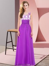 Custom Designed Floor Length Backless Dama Dress for Quinceanera Purple for Wedding Party with Appliques
