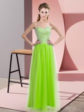 Yellow Green Tulle Lace Up Sweetheart Sleeveless Floor Length Homecoming Dress Beading