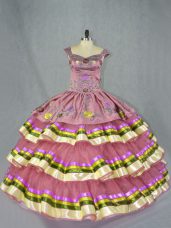 Simple Pink Ball Gowns Straps Sleeveless Organza Floor Length Lace Up Embroidery and Ruffled Layers Sweet 16 Dresses