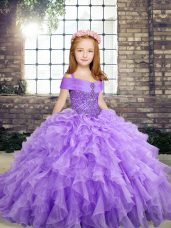 Custom Made Lavender Ball Gowns Straps Sleeveless Organza Floor Length Lace Up Beading and Ruffles Little Girls Pageant Dress Wholesale