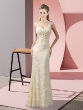 Champagne Lace Criss Cross One Shoulder Sleeveless Floor Length Prom Gown Beading and Lace