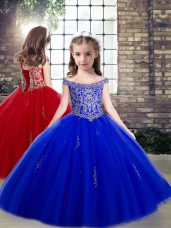 Tulle Off The Shoulder Sleeveless Lace Up Beading and Appliques Girls Pageant Dresses in Royal Blue