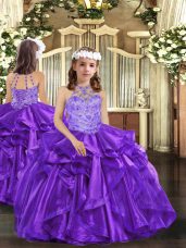 Modern High-neck Sleeveless Organza Pageant Gowns For Girls Beading and Ruffles Lace Up