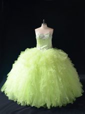 Yellow Green Sleeveless Floor Length Beading and Ruffles Lace Up Sweet 16 Quinceanera Dress