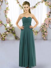 Sweetheart Sleeveless Court Dresses for Sweet 16 Floor Length Ruching Peacock Green Chiffon