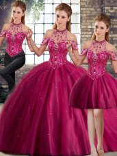 Fuchsia Three Pieces Halter Top Sleeveless Tulle Brush Train Lace Up Beading Sweet 16 Dress