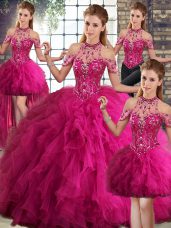 Fuchsia Sleeveless Floor Length Beading and Ruffles Lace Up Sweet 16 Dress
