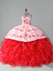 Red Organza Lace Up Sweet 16 Dress Sleeveless Court Train Embroidery and Ruffles