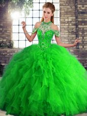 Attractive Sleeveless Floor Length Beading and Ruffles Lace Up Ball Gown Prom Dress with Green