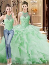 Cute Apple Green Halter Top Neckline Beading and Ruffles Vestidos de Quinceanera Sleeveless Lace Up