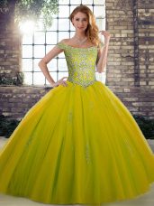 Olive Green Tulle Lace Up Off The Shoulder Sleeveless Floor Length Quinceanera Dress Beading