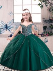 Lovely Tulle Straps Sleeveless Lace Up Beading Kids Pageant Dress in Dark Green