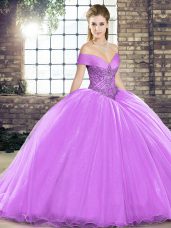 Sleeveless Organza Brush Train Lace Up Sweet 16 Dress in Lavender with Beading