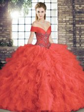 On Sale Coral Red Ball Gowns Beading and Ruffles Sweet 16 Dress Lace Up Tulle Sleeveless Floor Length