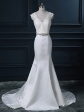 White Satin Backless Wedding Dress Sleeveless Brush Train Beading and Lace